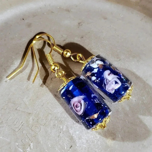 Cobalt Blue Murano Lampwork Glass Flower Inside Vintage Bead Round Tube Earrings - Picture 7 of 10